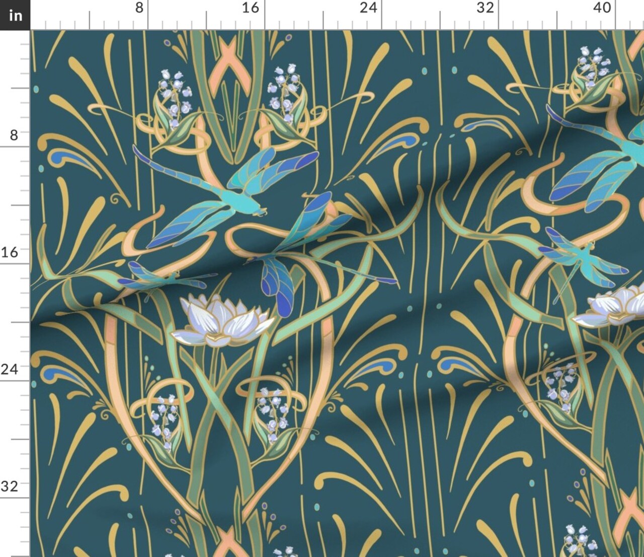 Teal Art Nouveau Elegant Dragonflies Large Scale Lotus Flower Ornate Botanical Custom Printed Fabric by Spoonflower Various Fabrics by the Yard or Fat Quarter
